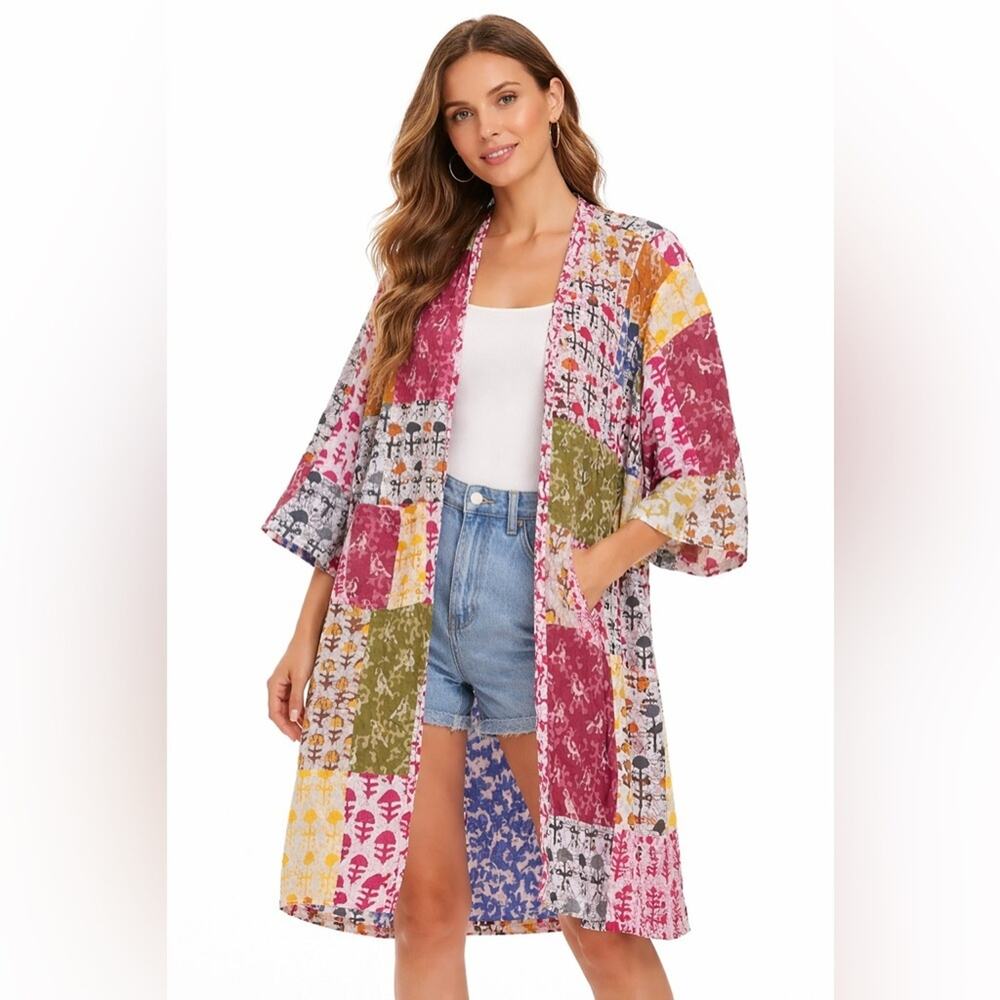 Floral Patchwork Kimono Art to Wear Robe - Multicolor & Reversible